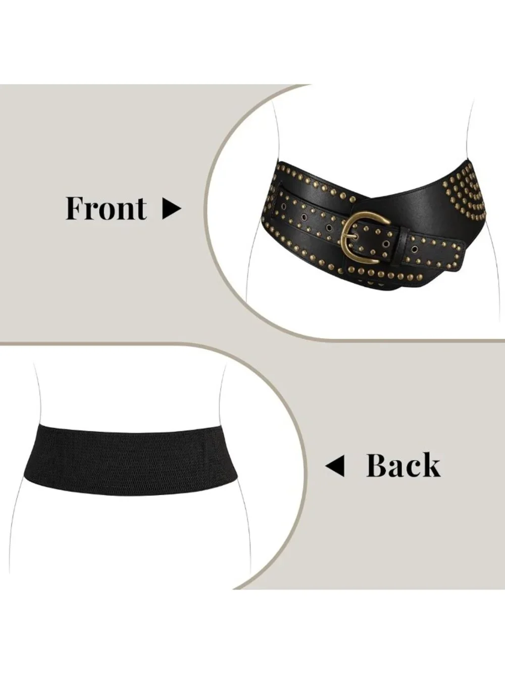 Vintage Wide Elastic Studded Waist Belt - Stretchy Rivets & Metal Buckle